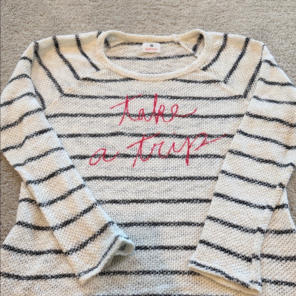 Sundry Cream and navy Striped Sweater with red Script